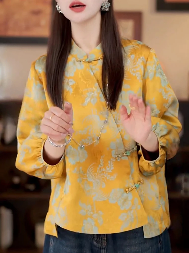 

New Chinese Sle Long Sve irt Women's Spring Autumn New Ele Side Button Embroidered Top Breathable Loose Fit irt