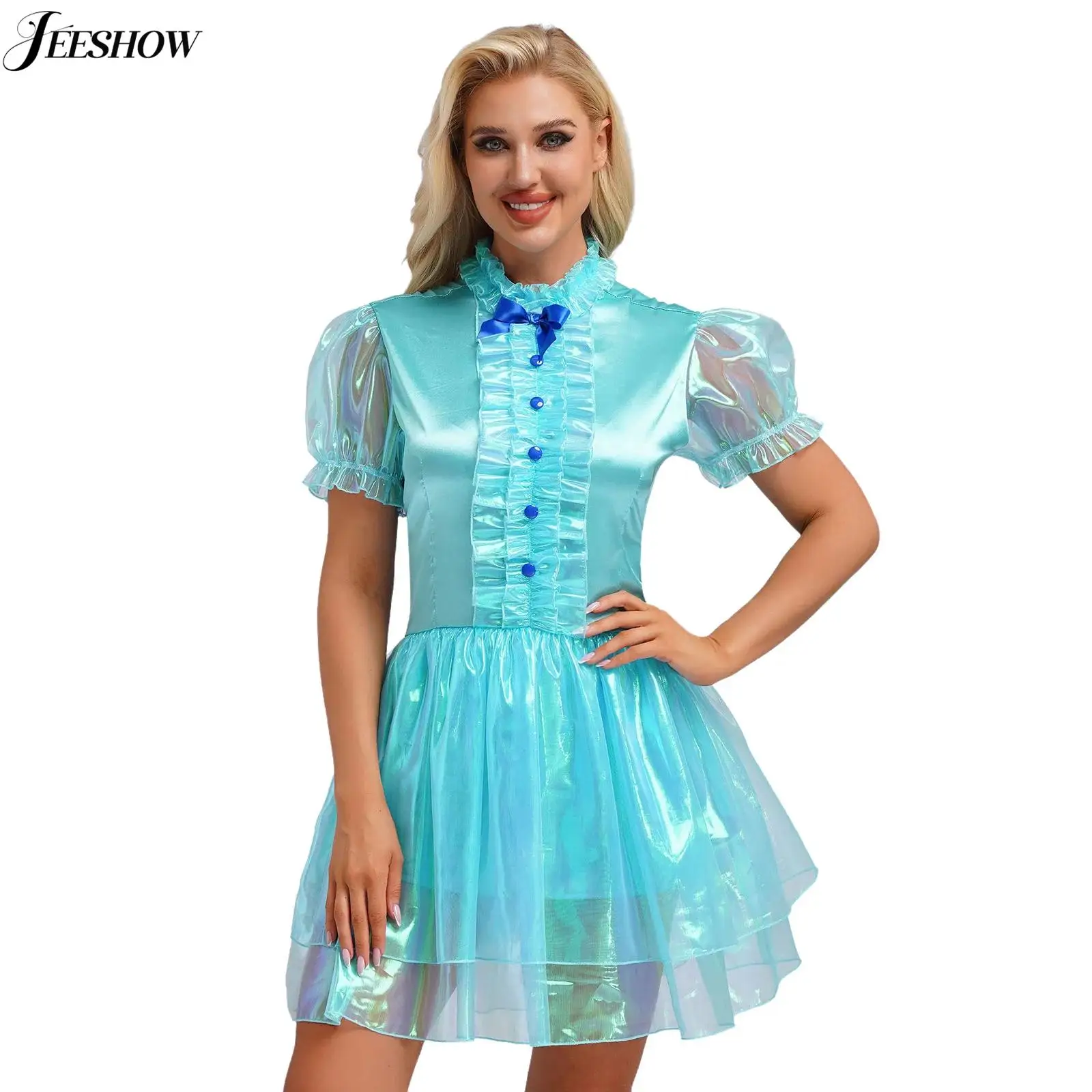 Damen-Dienstmädchenkleid aus glänzendem Satin, kurze Puffärmel, Rüschen, A-Linie, Minikleid, glitzerndes, gerüschtes, geschichtetes, bauschiges Kleid, Cosplay-Kostüm