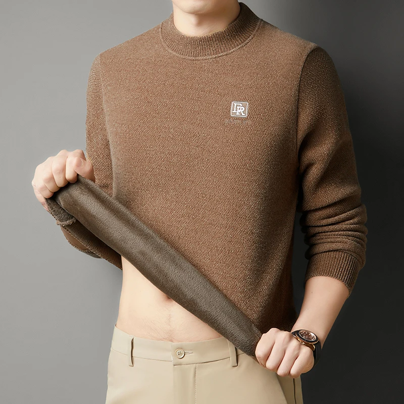 

2025 Round Neck Sweatshirt for Men with Thick Velvet Embroidery DR Autumn and Winter New Sweater Solid Color Base Knit Sweater