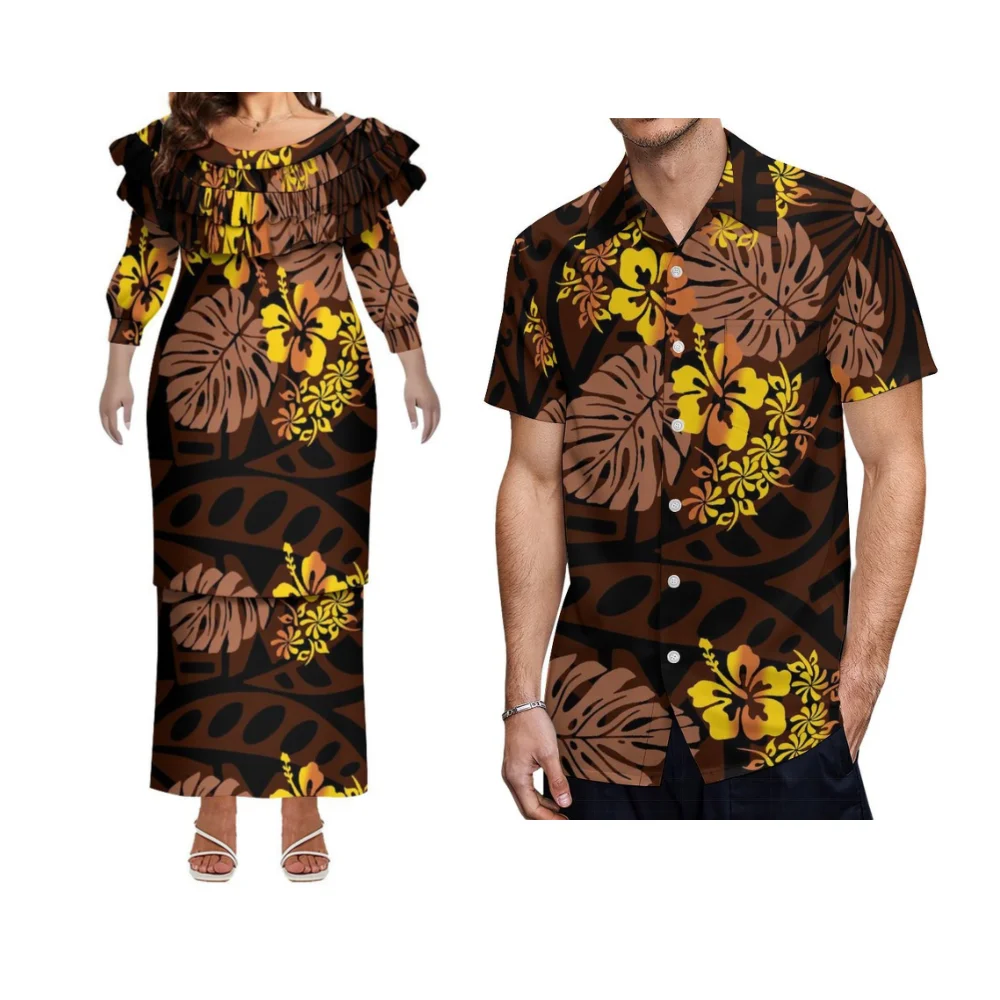 Tasse incluse feuille de Lotus dentelle col rond mince Puletasi costume Long robe chemise décontractée pour hommes vêtements de Couple motif personnalisé polynésien