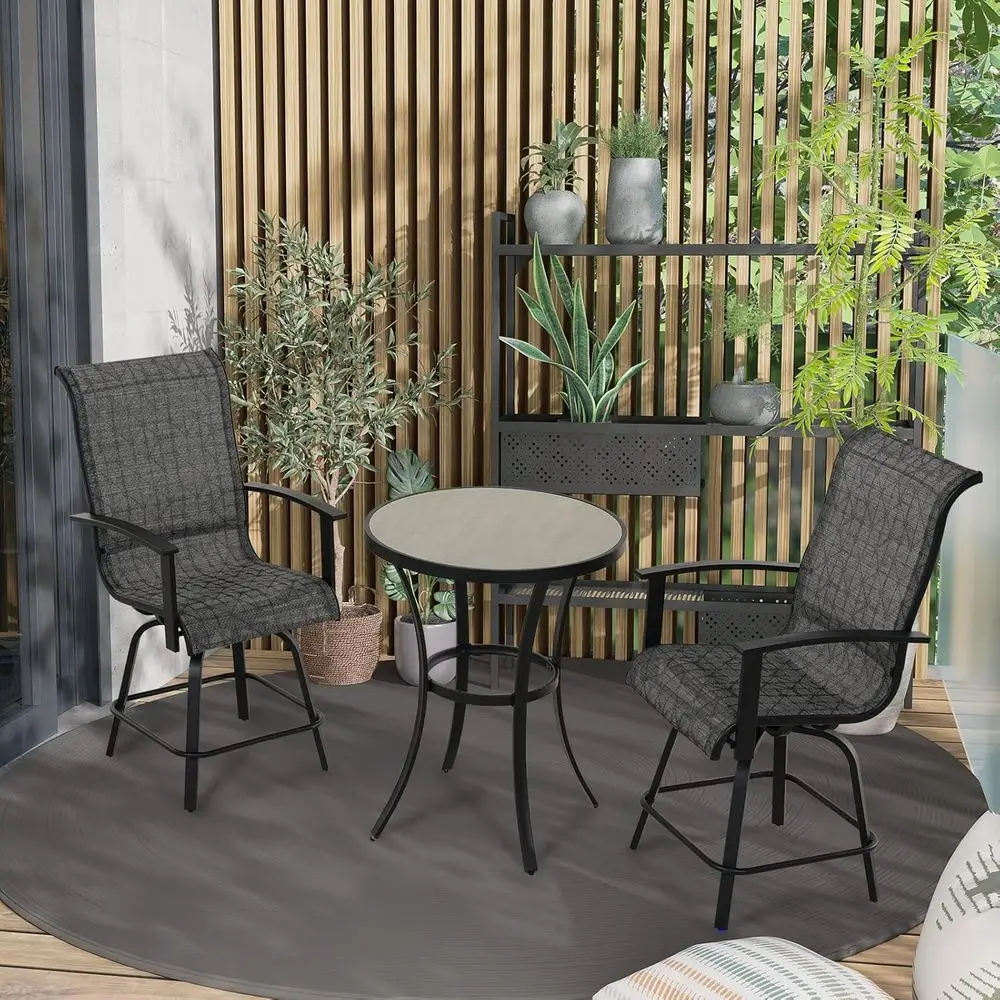 طقم بار خارجي حديث مكون من 3 قطع مع مقاعد دوارة وطاولة مستديرة للفناء أو بيسترو أو مساحة مطعم صغيرة باللونين الأسود والرمادي