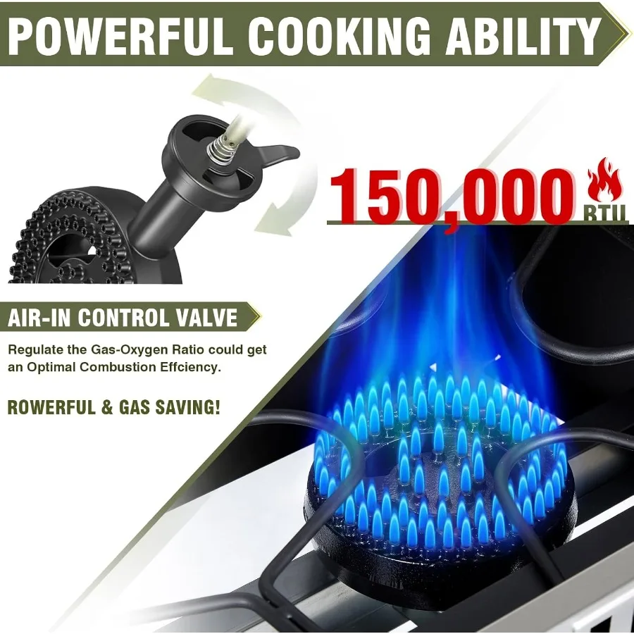 2 الموقد في الهواء الطلق موقد غاز البروبان مع الإشعال التلقائي ومنظم للطهي عالي الضغط 150 000 وحدة حرارية بريطانية حامل محمول طباخ