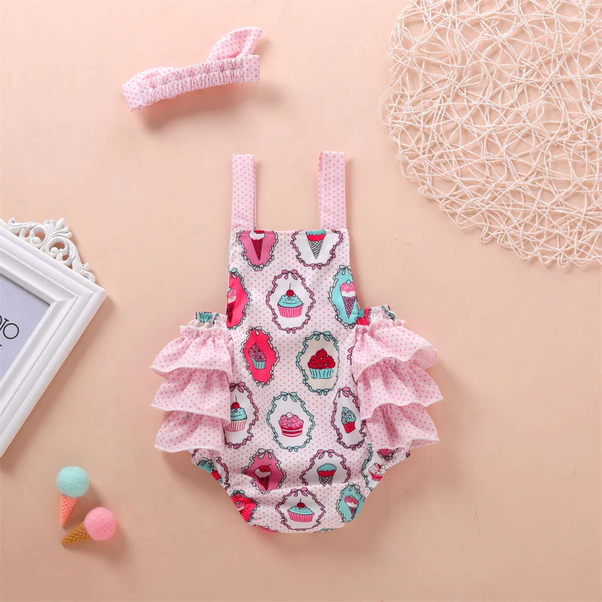 Summer Infant Girl's Strappy Bib Overall Outfit with Matching Polka Dot Hairband - Pink Bow Knot Fabric Set