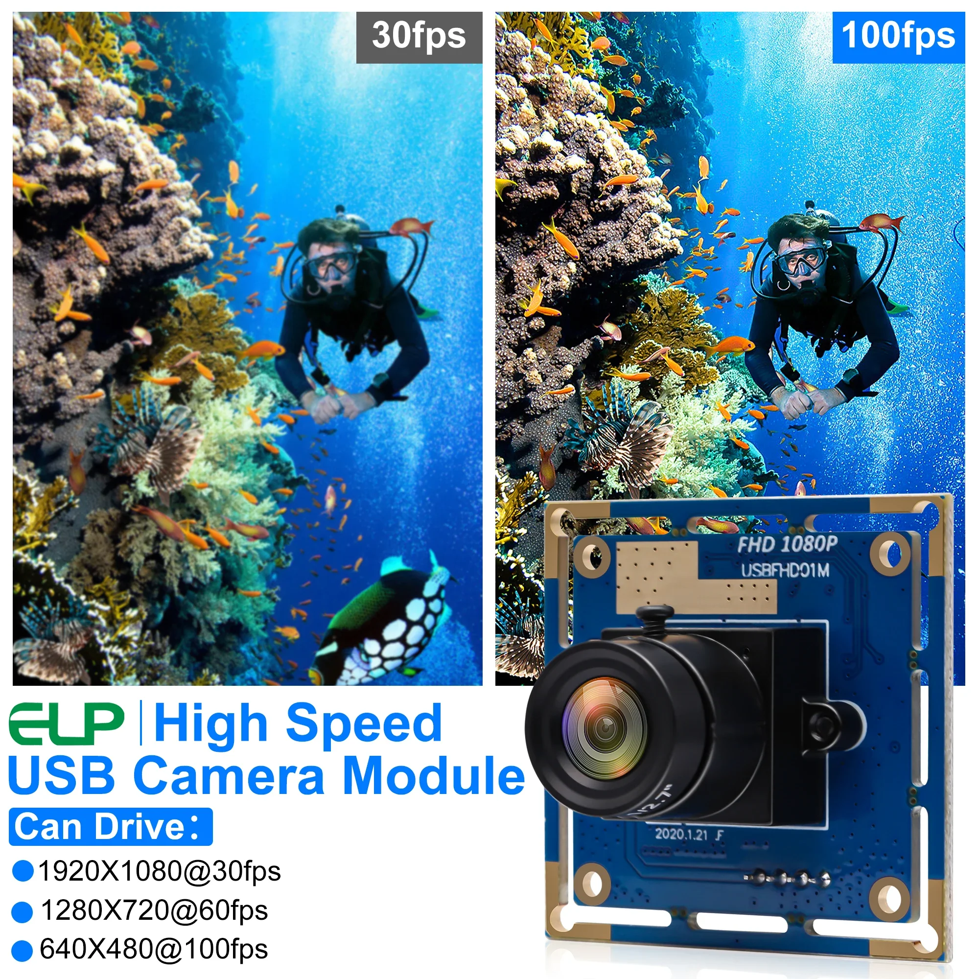 ELP 1080P USB Camera Module 1080P 30fps, 720P 60fps, 480P 120fps High Speed Wide Angle Mini Endoscope Module for Robotic Vision