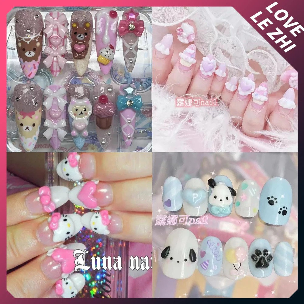 

Sanrioed Hello Kitty Mymelody Cute Almond Handmade Press On Nails Reusable Diy Candy Cinnamoroll Kuromi 3D Doll Fake Nails