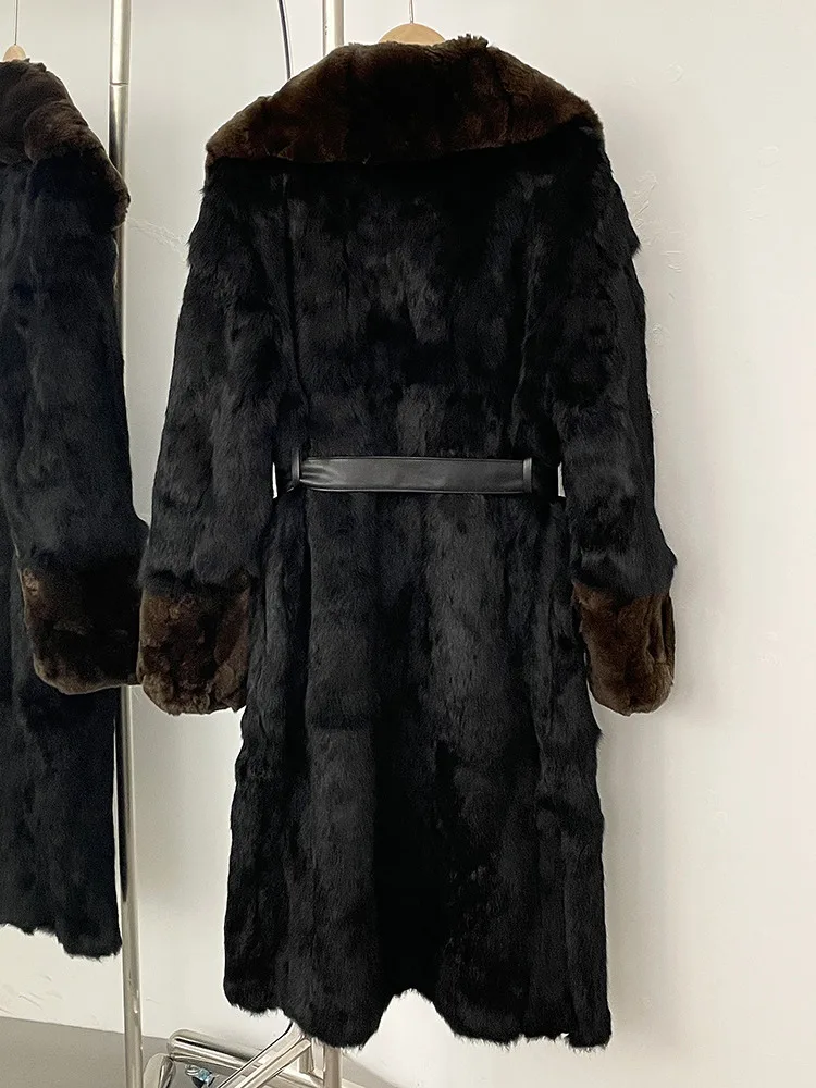 ZMEENNA Women's Luxurious Long Black Faux Fur Coat With Brown Trim And Belt Elegant Warm Winter Outerwear Jacket Classic ZM3413