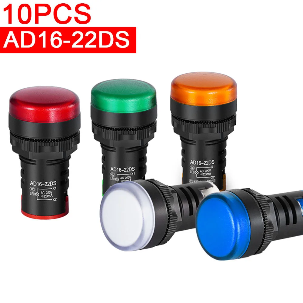 10Pcs Panel Mount Plastic Pilot Signal Light Lamp LED Power Indicator AD16-22DS 22mm Power Signal Lamp AC DC 12V 110V 220V 380V