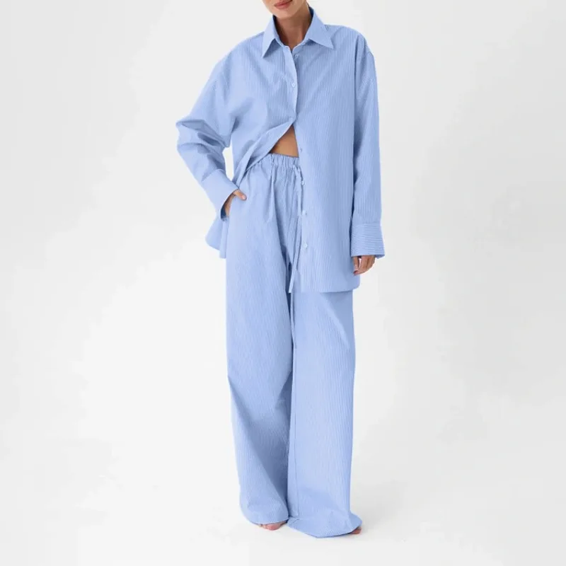 

Элегантный женский комплект из двух предметов в полоску Y2K, свободная однобортная рубашка с длинными рукавами, топ, широкие брюки, комплект INS, офисная женская одежда