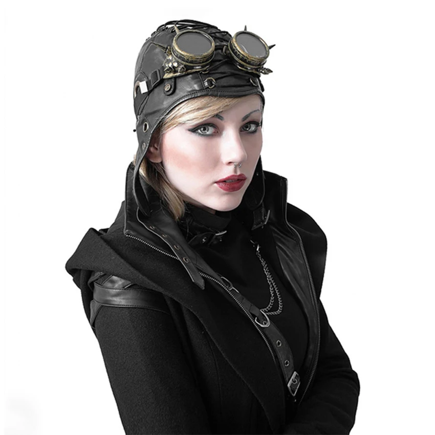 

Steampunk Pilot Leather Aviator Locomotives Bomber Hoodie Fighter Halloween Cosplay Helmet Glasses Ushanka Vintage Cap Disguise