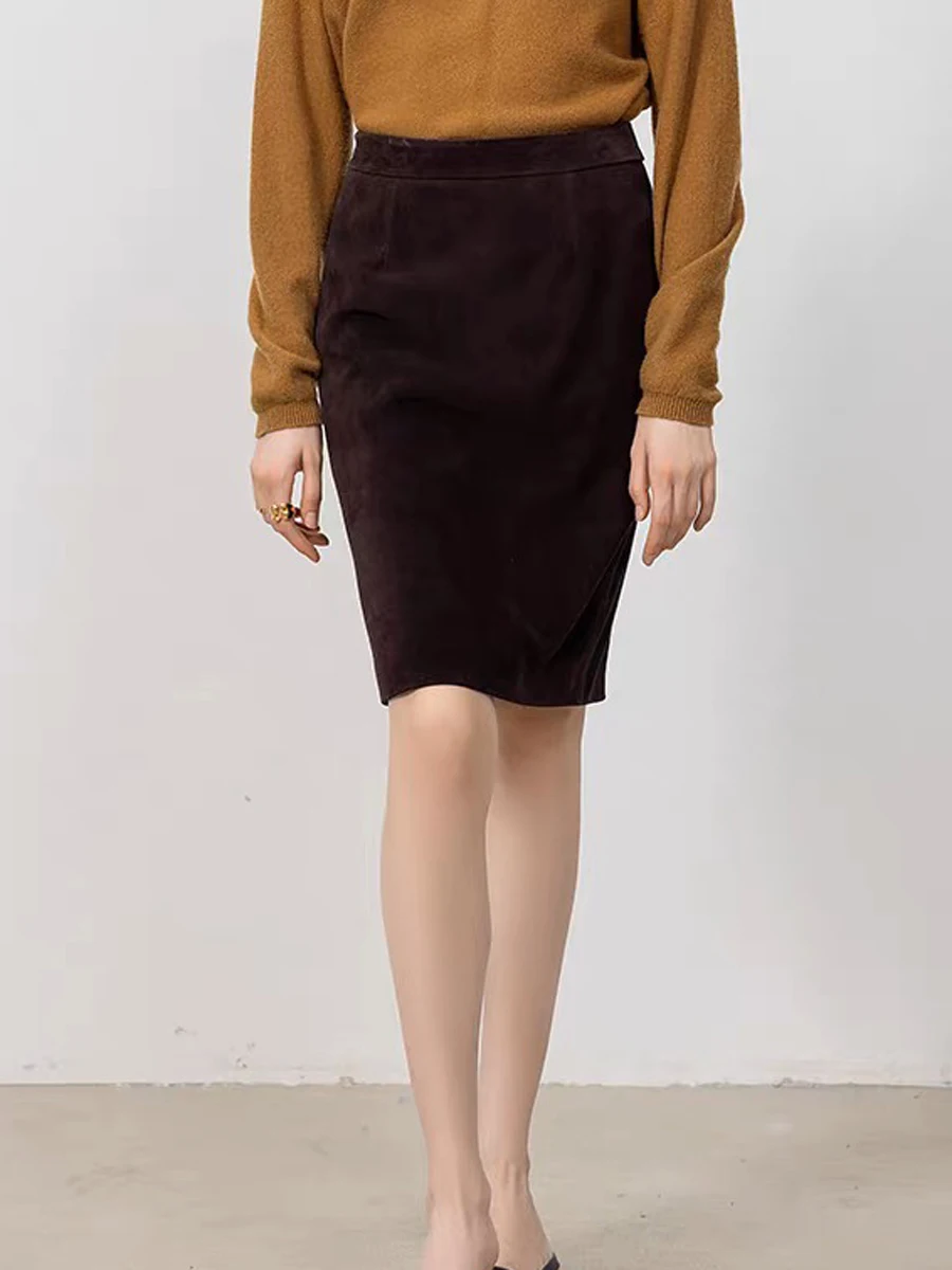 Retro Genuine Suede Real Leather Pencil Skirt  Soft Lambskin Midi Skirt with  Knee Length Women Korean Fashion Clothing Women