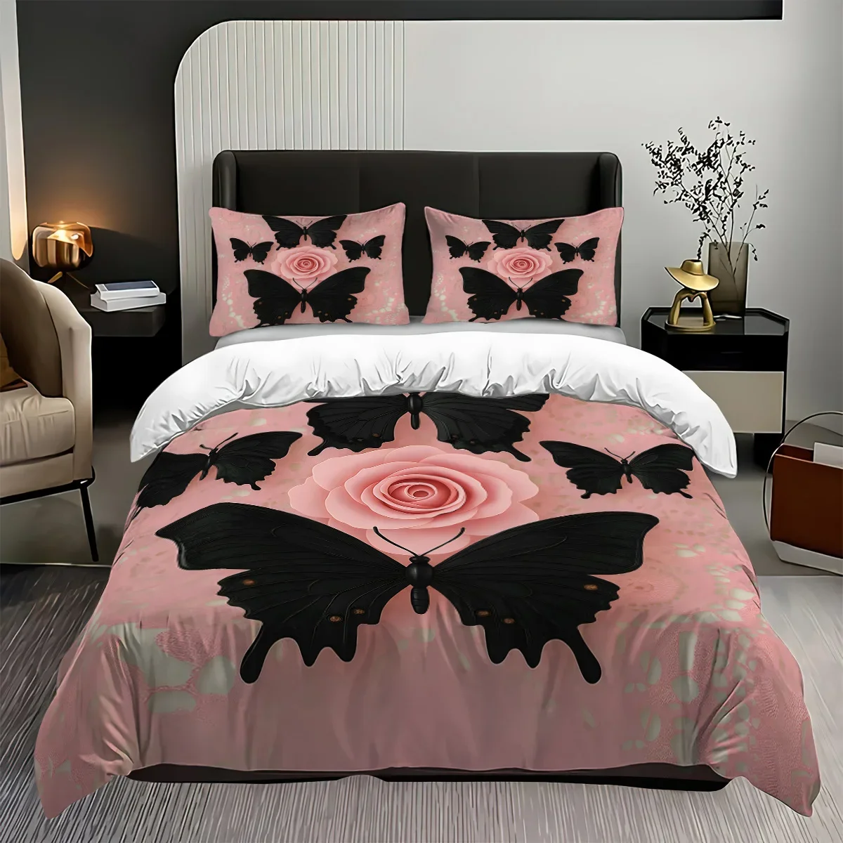 3pcs pink floral butterfly pattern duvet cover set, 1 duvet cover+2 pillowcases, coreless. Soft and comfortable bedding set