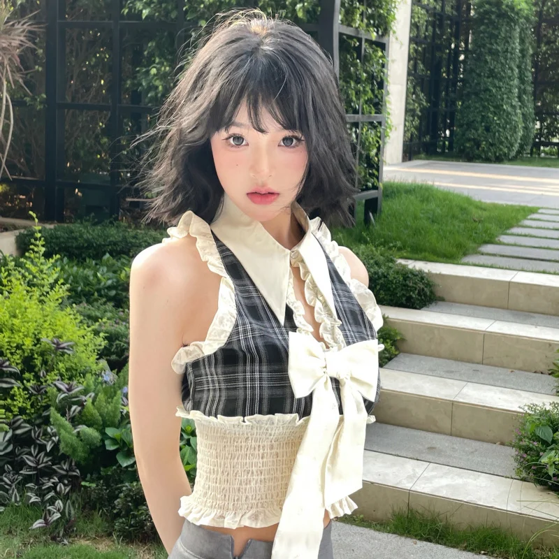 

Stitching Bow Contrast Vest Shirt Plaid Students Girlish Daily Party Elegant Summer Trendy All-Match Soft Korean Style Sweet