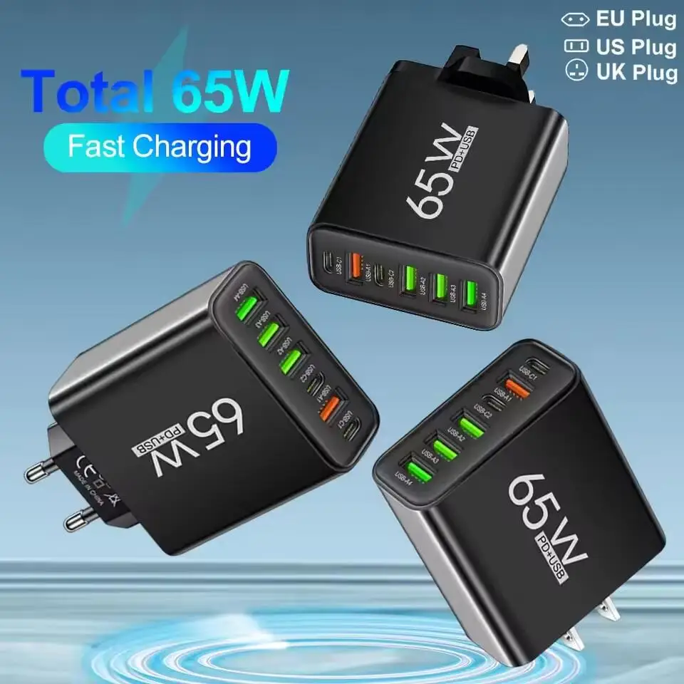 Cargador USB multipuerto de 65W, adaptador de pared PD tipo C de carga rápida, cargador de enchufe UE/EE. UU., carga rápida 3,0, adaptador de corriente USB C de 6 puertos
