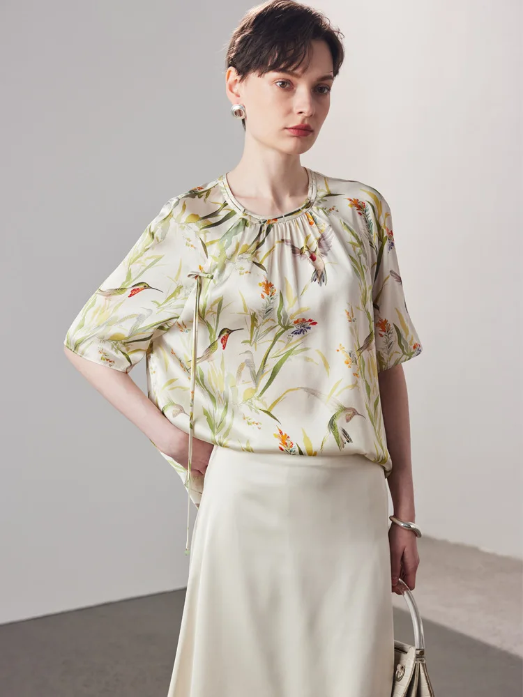 SuyaDream, damskie bluzki w kwiaty, 90% jedwab 10% spandex, okrągły dekolt, letnie koszule w stylu vintage, elegancki top na wiosnę i jesień 2025, żółty