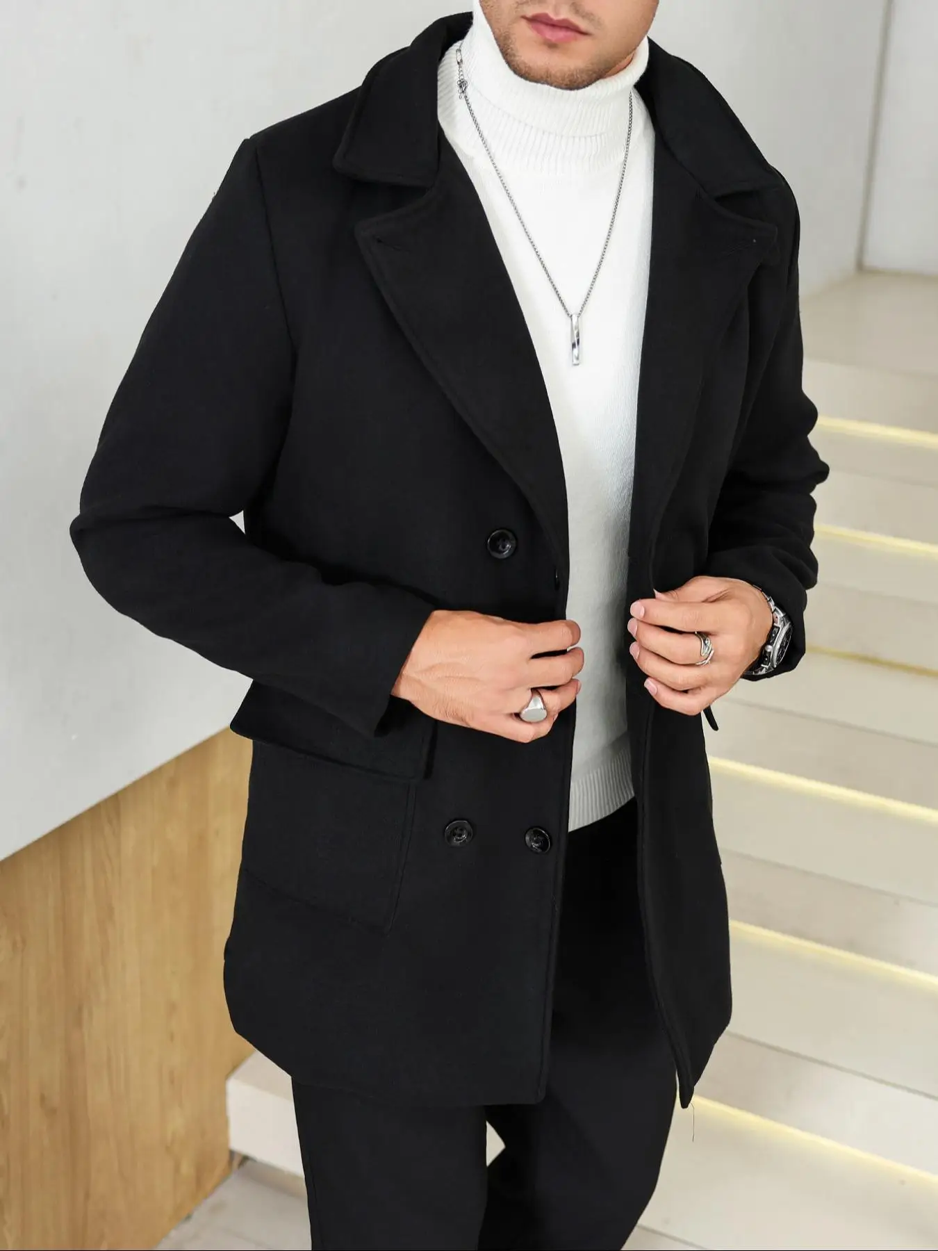 

Мужское шерстяное пальто, повседневная модная куртка с длинными рукавами и карманами, осенне-зимняя верхняя одежда для повседневной носки и бизнеса