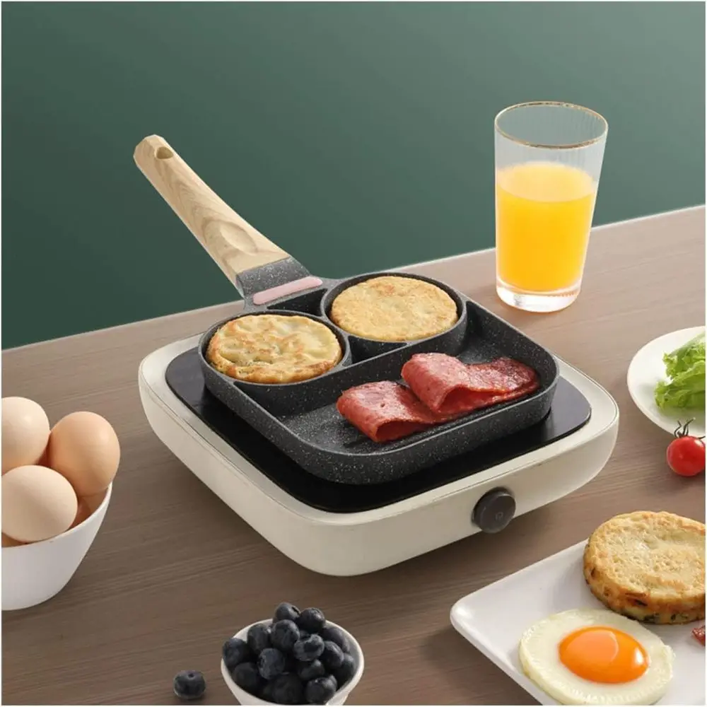 Nonstick 2-Hole Hamburger Pan with Wooden Handle, Compatible with Gas and Induction Stoves