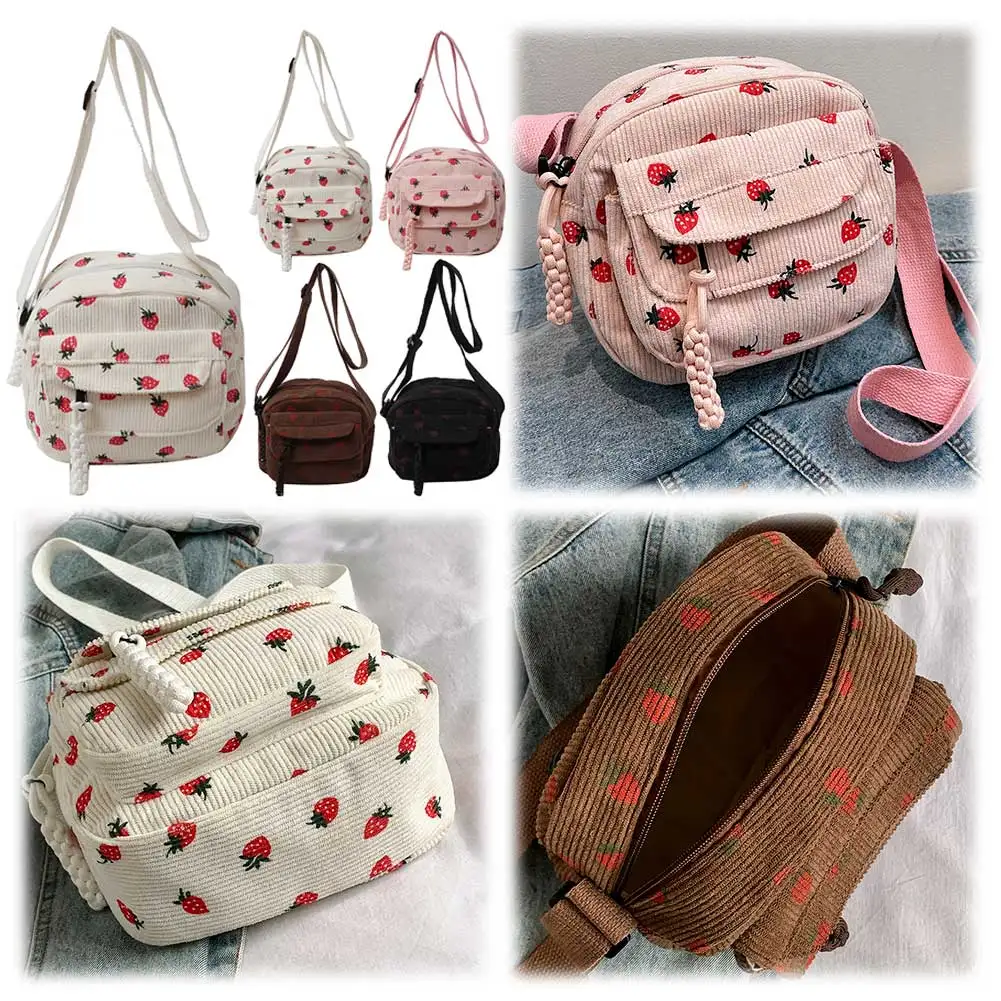 

Cute Strawberry Trendy Crossbody Bag Corduroy Tote Handbag Casual Zipper Underarm Bag for Women Travel Work