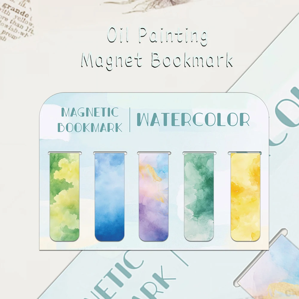 5PCS Creative Watercolor Style Magnetic Bookmarks DIY Student Supplies Paper Books Page Marking Interlayer Bookmarks