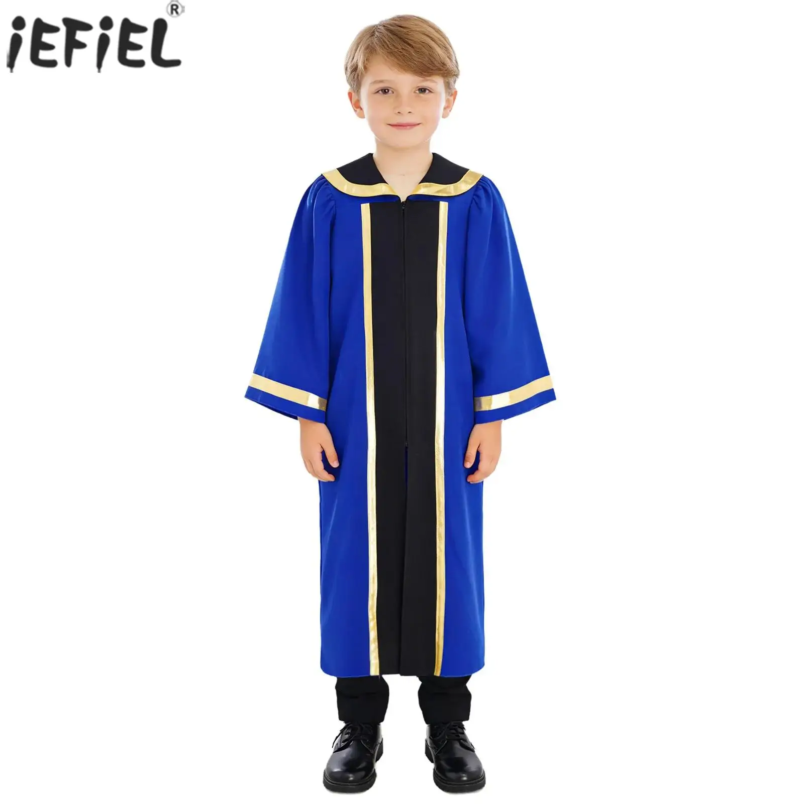 Kids Boys Girls Church Choir Liturgical Worship Robe Halloween Pastor Priest Cosplay Costume Long Sleeve Zipper Metallic Gown