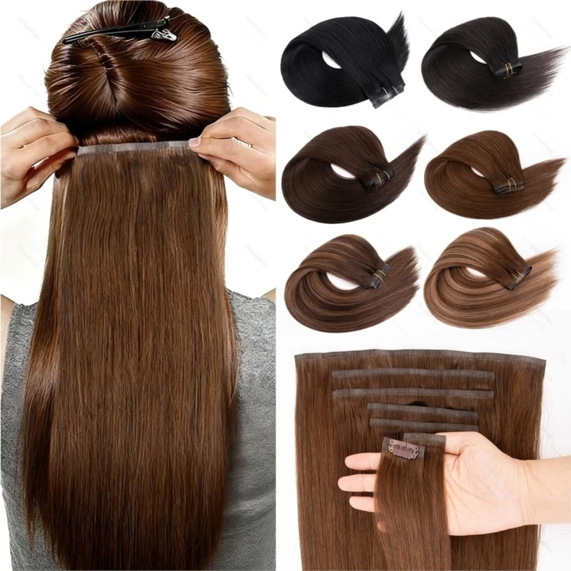 Tape PU Clip In Hair Premium Remy Clip In Human Hair Extensions 7pcs Clip-on Hair 14"-24" 110G Balayage Ombre Mocha Brown Black