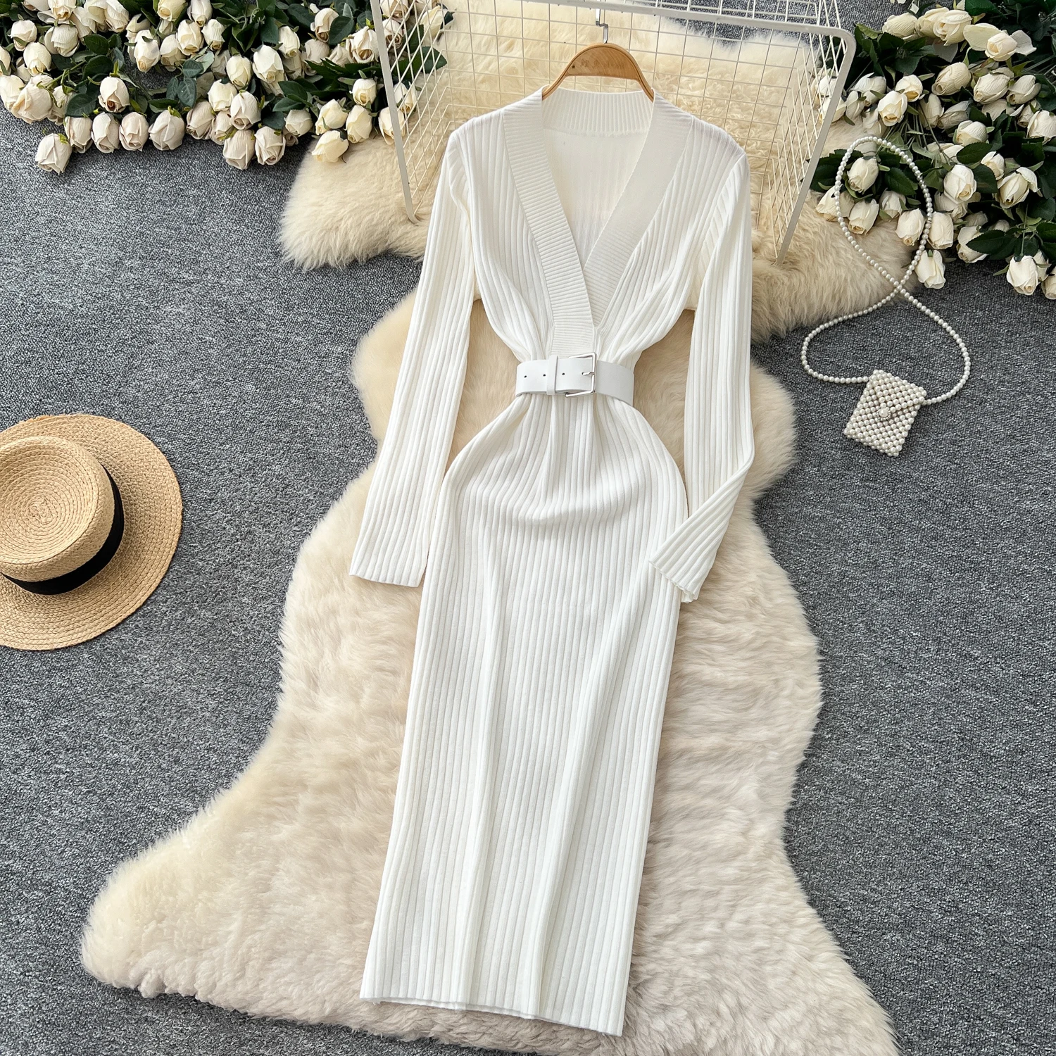 Realeft outono inverno malha frente com decote em v vestido envoltório feminino com cinto manga longa bainha sólida coreano vestido fino feminino