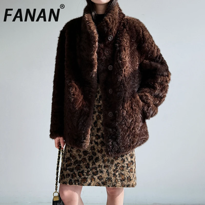 

FANAN Faux Fur Design Stand Neck Coats For Women Single Breasted Long Sleeve Thick Warm Outwear Female Clothing 2025 New Winter