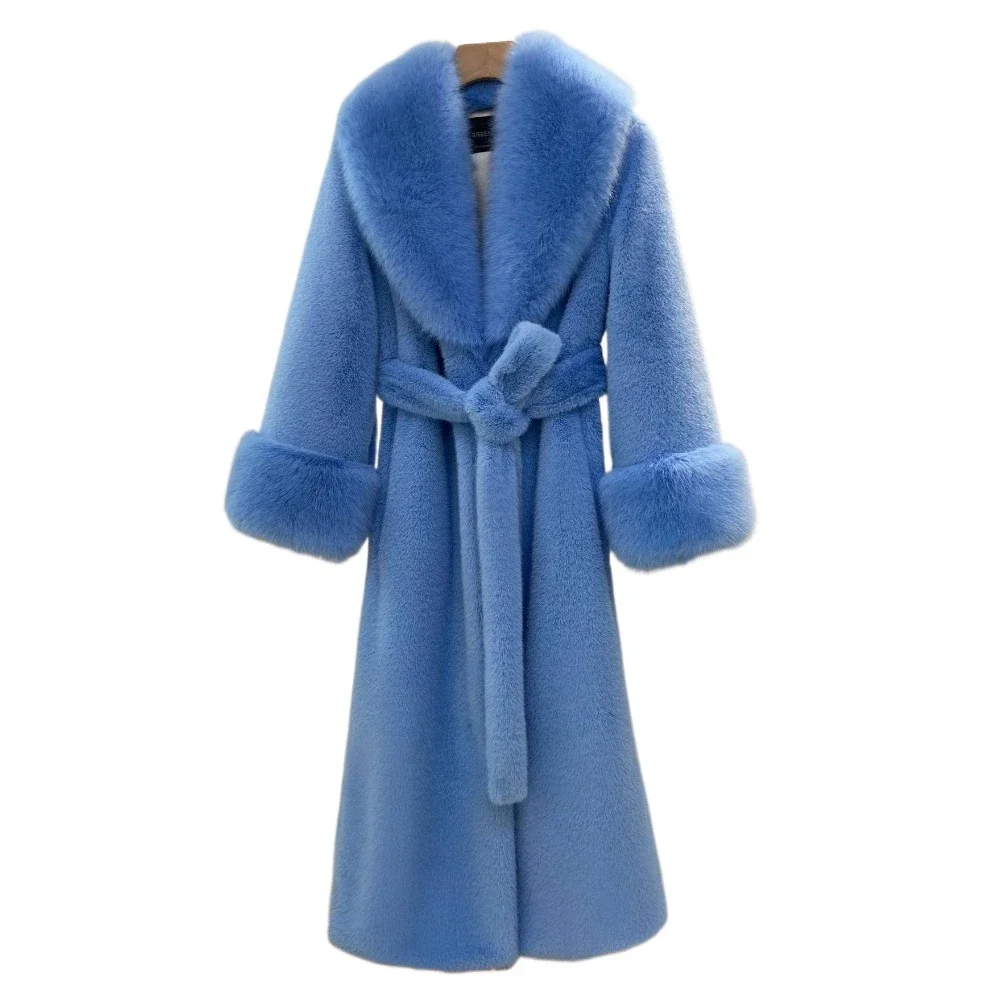 

Luxury Winter Women Coat Plus Size Artificial Fur Clothes with Belt Long Faux Fur Coats Large Faux Fur Collar White Plush Jacket