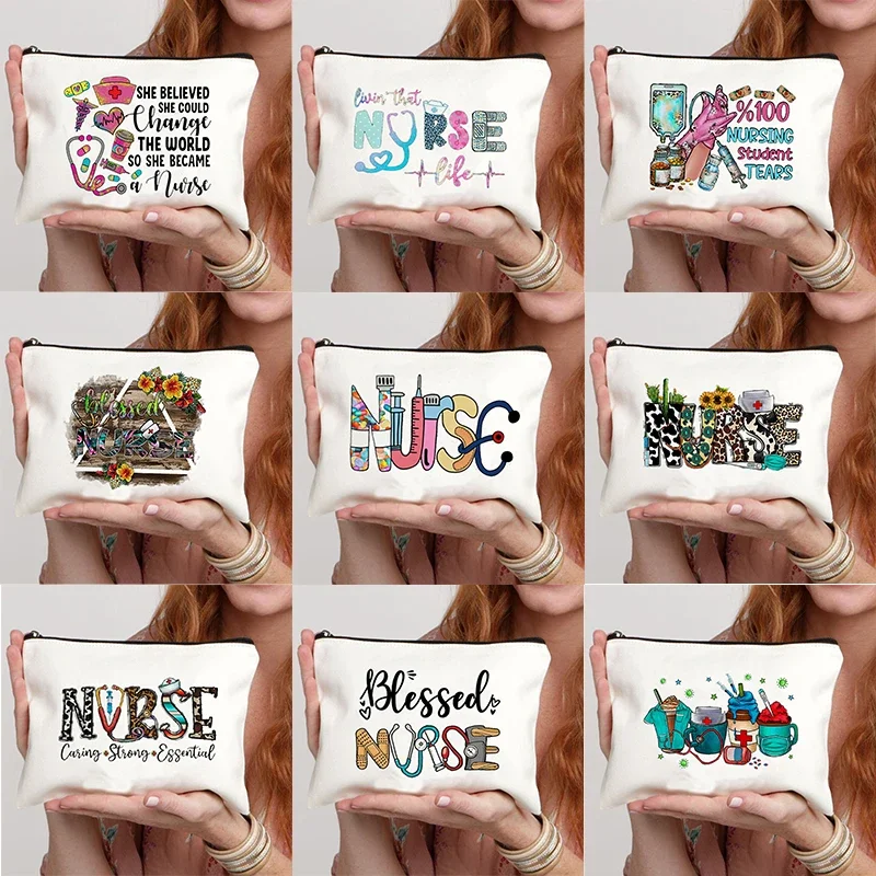 Blessed Nurse Pattern Make Up Pouch Makeup Bag Peace Love Nursing Printing Travel Cosmetic Organizer Wristlet Clutch with Zipper