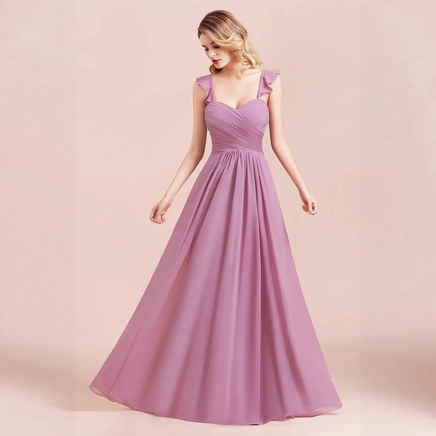 

Women's Elegant Purple Bridesmaid Dress A-Line Sleeveless Ruched Wedding Guest Backless Dress Floor-Length Minimalist Customized