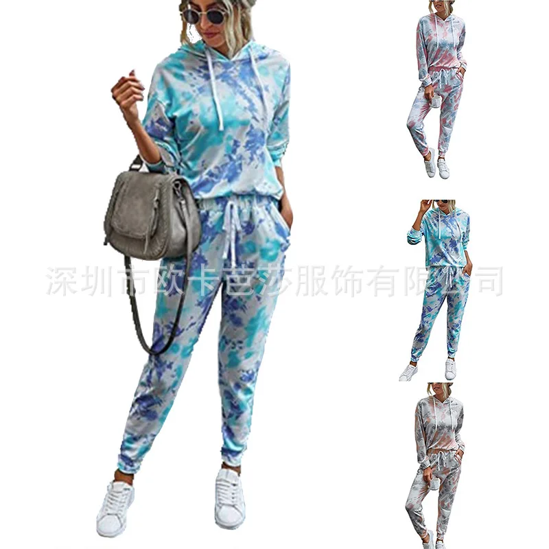2 Pieces Set Women Europe United States autumn/winter Dye Printing Casual Leisurewear Long Suit Sports Set Dropshipping OKBS023