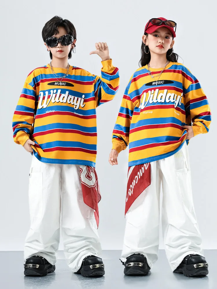 Kind Kpop Hip Hop Kleidung Orange Gestreiftes Sweatshirt Top Weiß Straße Fallschirm Cargo Hosen für Mädchen Junge Tanz Kostüme Kleidung