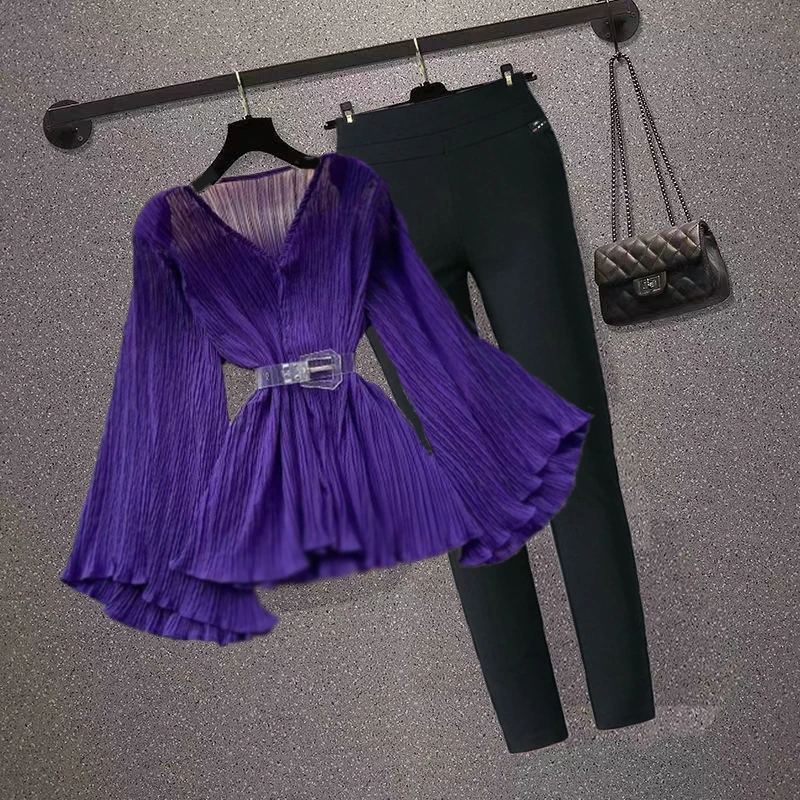 Autumn Winter Elegant OL Flared Sleeve Loose Fashion V-neck Blouse 2023 Top + Big Stretch Pant Set Slim Ninth Woman Two-piece