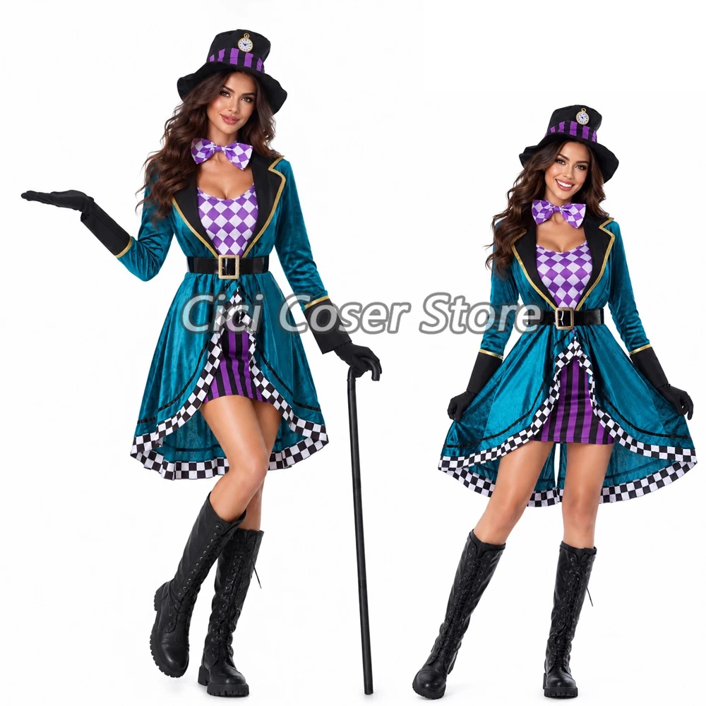 Women Mad Hatter Alice Cosplay Dress Magician Outfit with Hat Gloves Halloween Party Carnival Stage Performance Clothes Adults