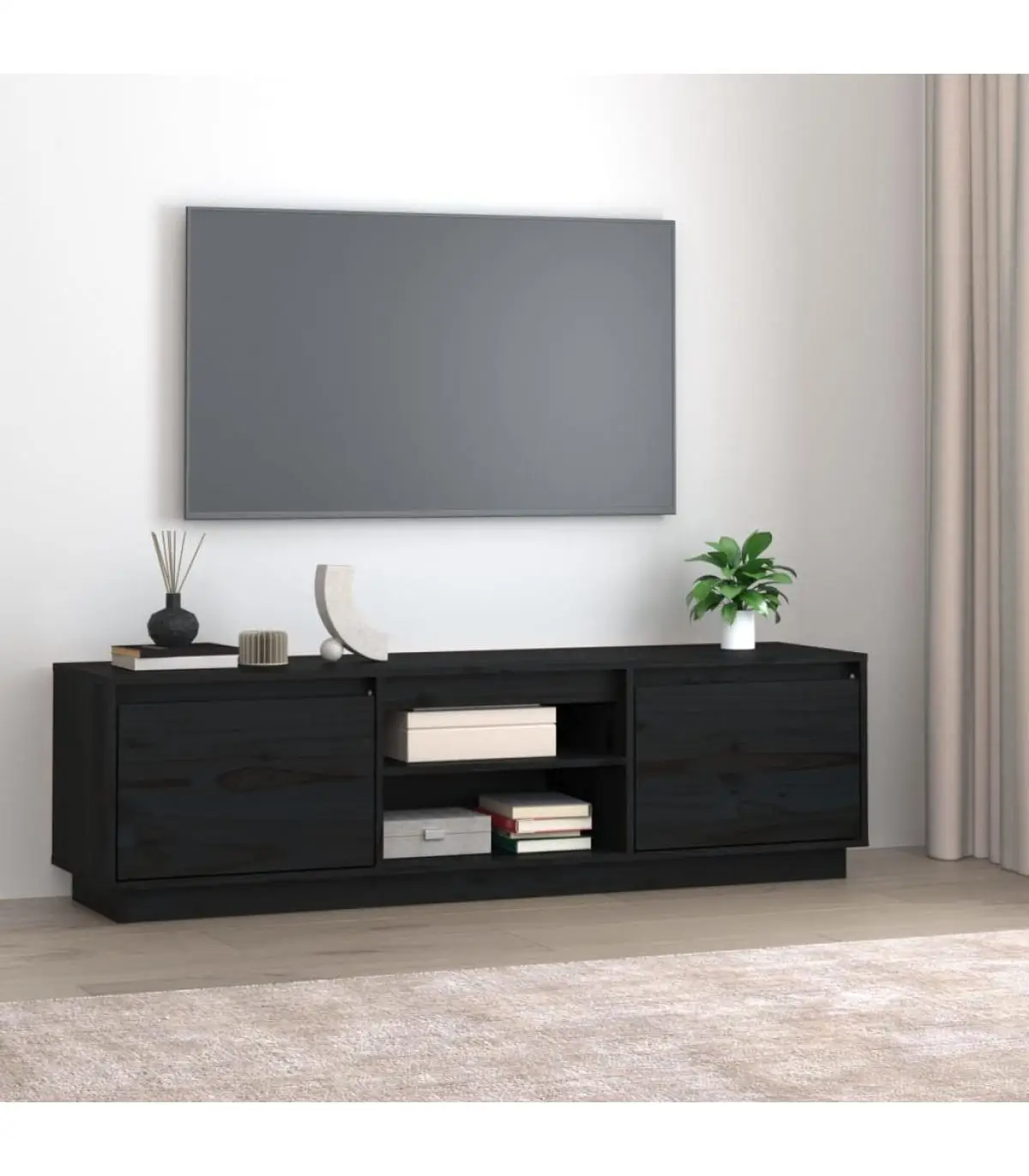 TV furniture TV furniture solid pine wood Black 140x35x40 cm