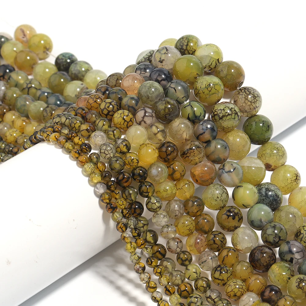 1 Strand Yellow Dragon Veins Agate Round Stone Beads Loose Spacer Beads with Black Lines for Bracelet Necklace Jewelry Making