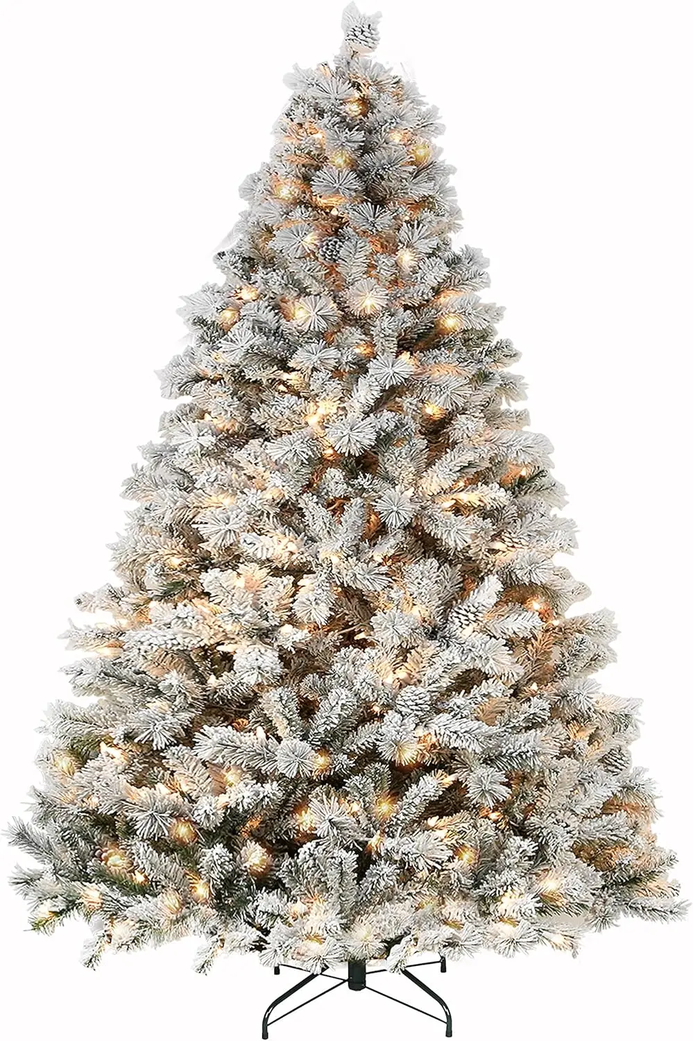 

9 ft Snow Flocked Christmas Tree with 600 Warm White Lights, 2100 Tips, Metal Stand and Hinged Branches