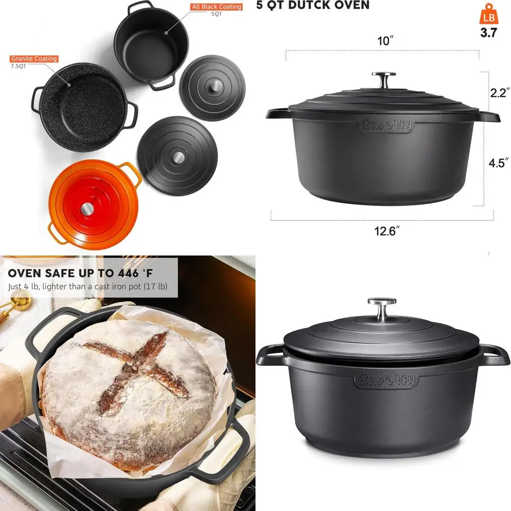 

5-Quart Lightweight Cast Aluminum Dutch Oven with Lid for Baking, Braising, and Roasting (Black)