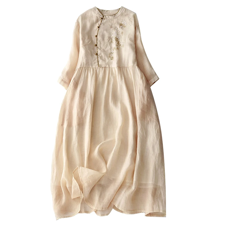 Nouveau chinois Sle été femmes forêt fille brodé coton Dr artistique rétro t-shirt quart Sve col montant Long D...