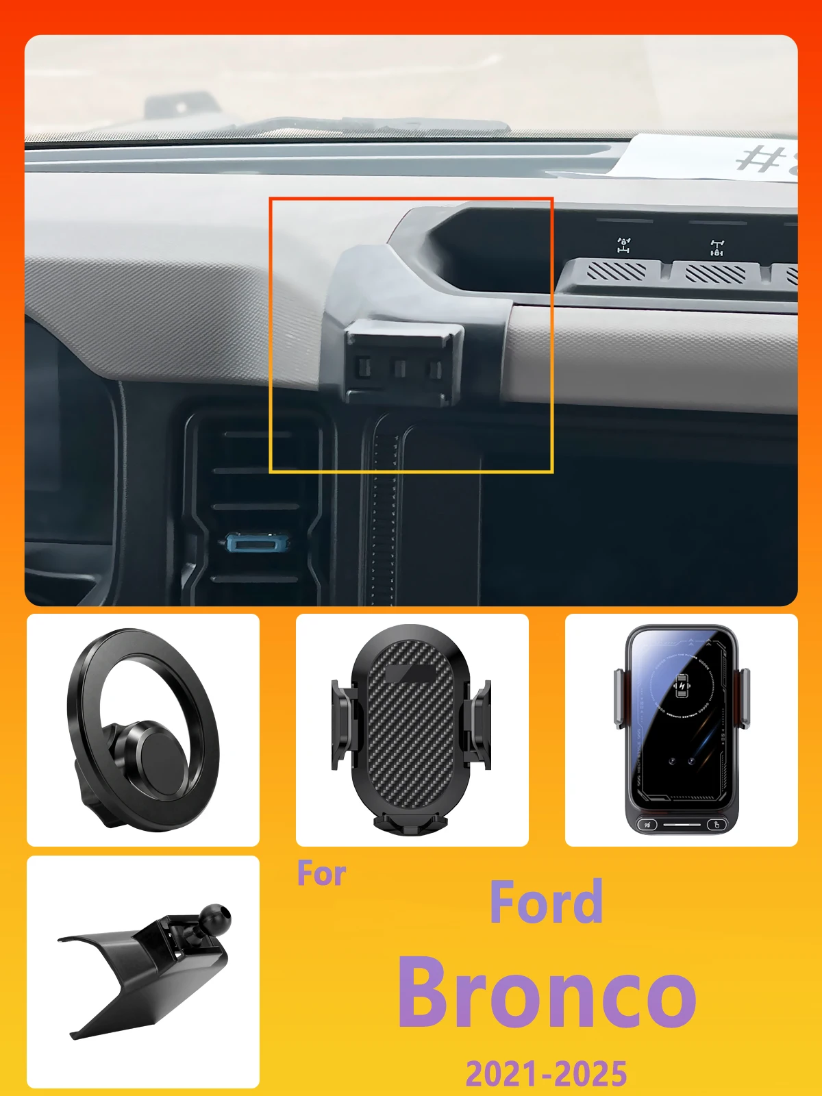 Entwickelt für Ford Bronco 2021-2023 2024 2025 Handyhalterung Auto Magnetische Halterung Smart-Sensing Kabelloses Laden Ein-Tasten-Freigabe – Detail 1