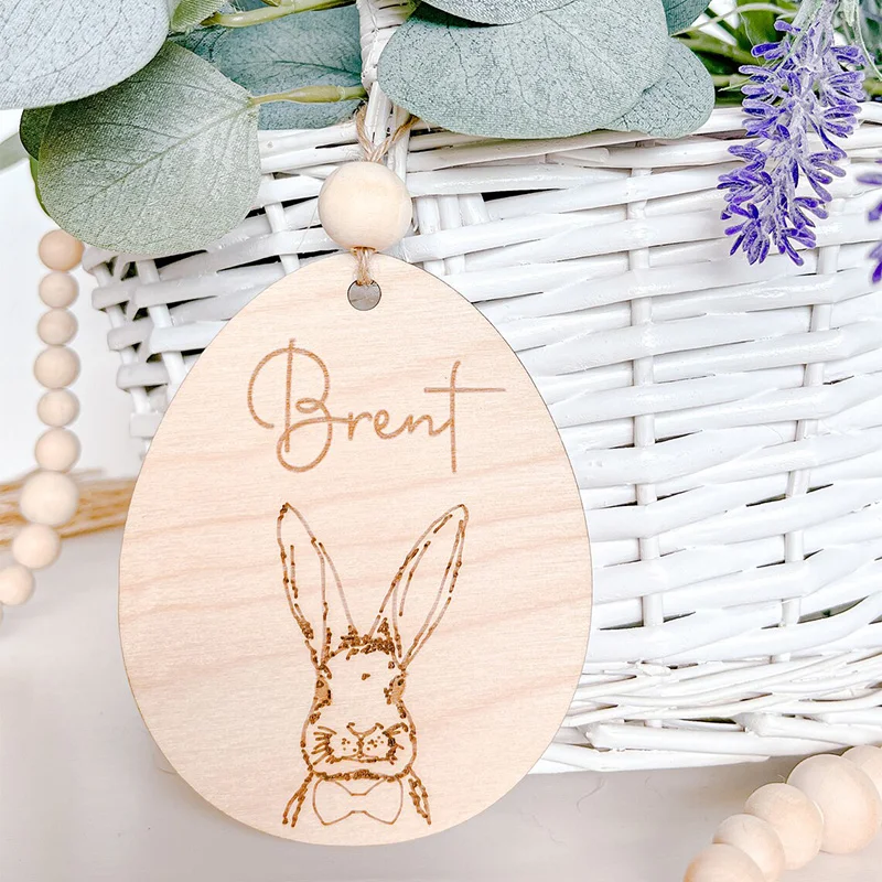 Personalized Bunny Rabbit Wooden Sign Happy Easter Party Egg Hunt Basket Bucket Bag Name Tag Ornament Family Kid Boy Girl Gift