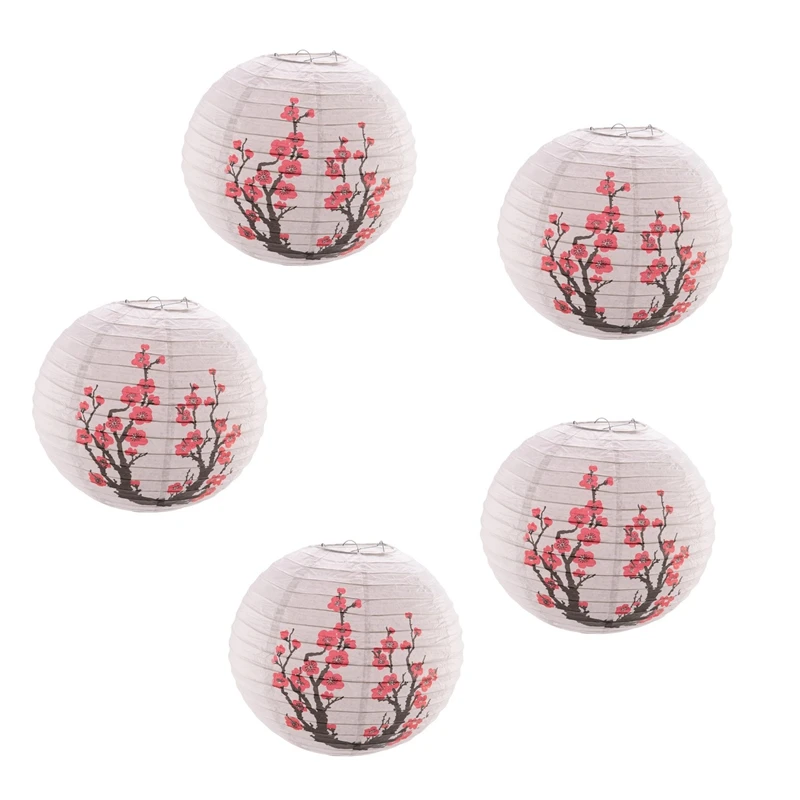 12-Inch Cherry Blossom Japanese/Chinese Paper Lanterns (Set Of 5, Red Sakura)