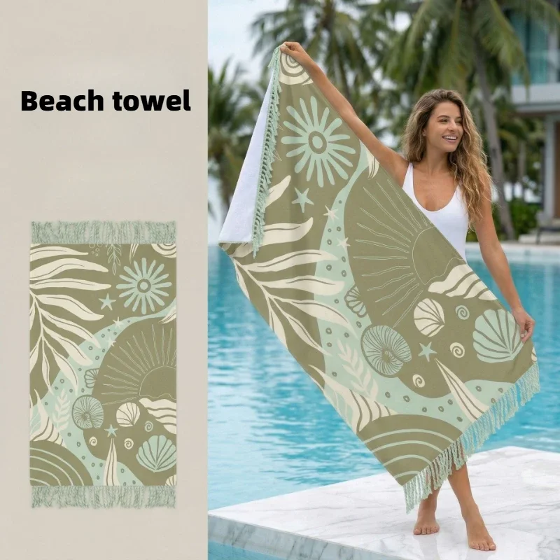 Retro Ocean Shell Tassel Beach Towel 70x40cm and Thicked Quick Drying Bath Sheet Strong Absorbent Vacation Swimming Wrap Blanket