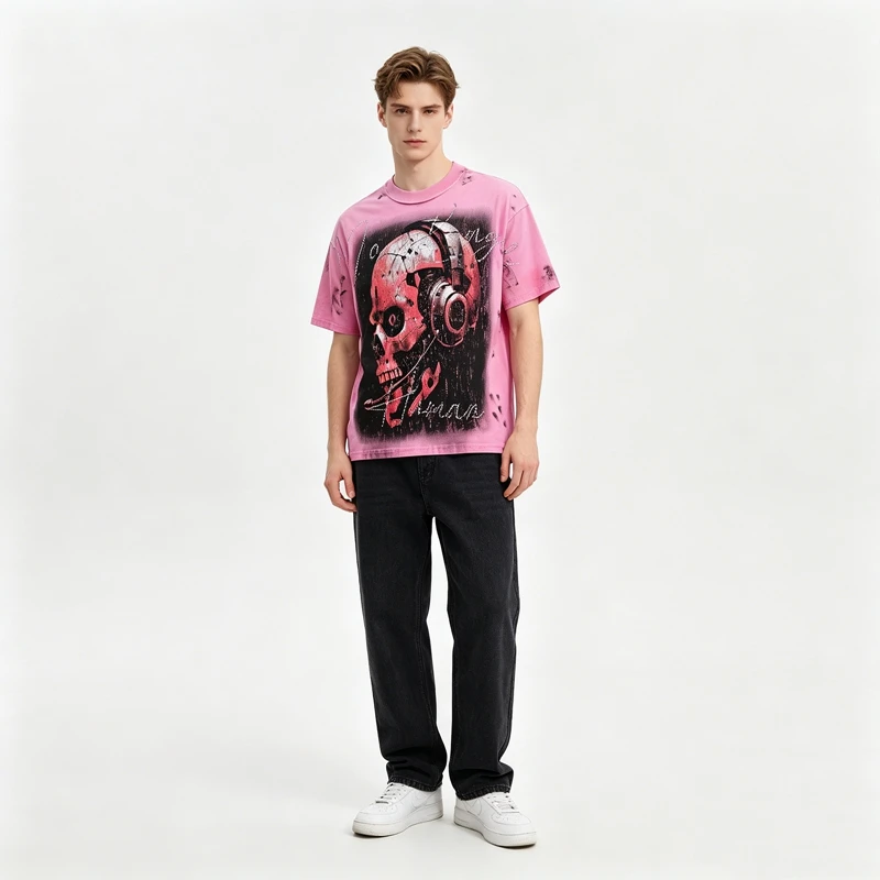Herren T-Shirt mit Grafik-Print, Lustiges Strass-Oberteil, Übergroßes Y2K Streetwear Cyberpunk Waschbaumwoll-T-Shirt, Retro Skate Street Outfit für den Sommer – Detail 6