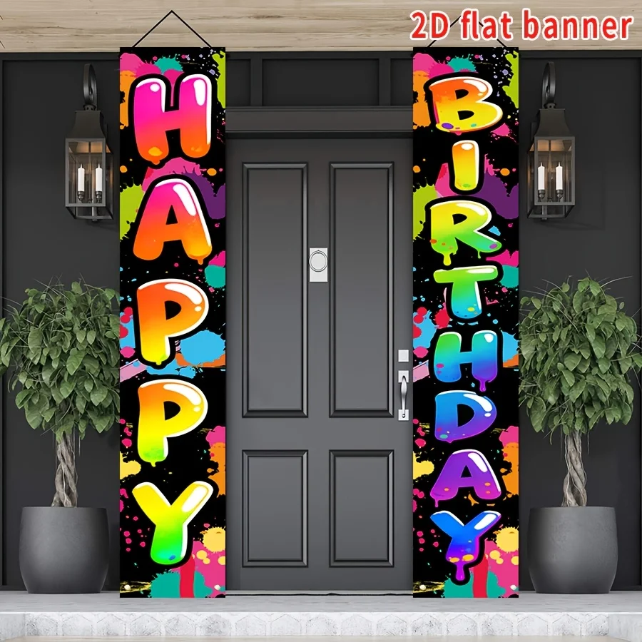 Banderas de Porche de Feliz Cumpleaños con Diseño de Salpicaduras de Tinta Coloridas en 2D, 1 Par, Decoración Moderna con Graffiti para Adolescentes, Adultos, Fiestas, KTV, Bares y Eventos