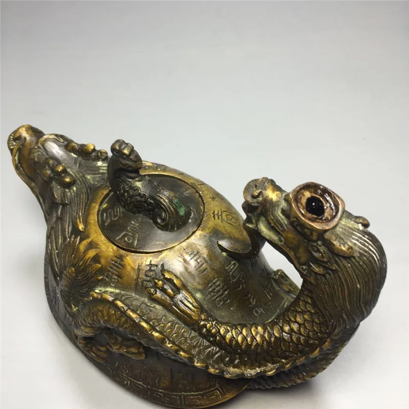 Ancient Dragon Imitation Looking Back Pure Copper Turtle Pot Distressed Pot with Dragon Head Collection Table Decoration Crafts