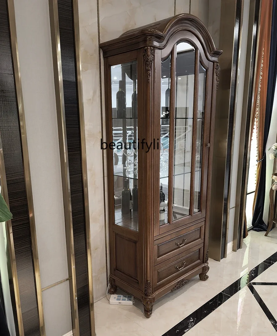 

American-Style Solid Wood Wine Cabinet Glass Door European-Style Two-Door Wine Cabinet Pure Solid Wood Black Walnut