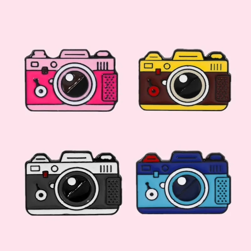 Custom Cute Camera Enamel Pins Pink Yellow Gray Blue 4 Colors Kawaii Badges Bags Lapel Package Brooches Jewelry Gifts Wholesale