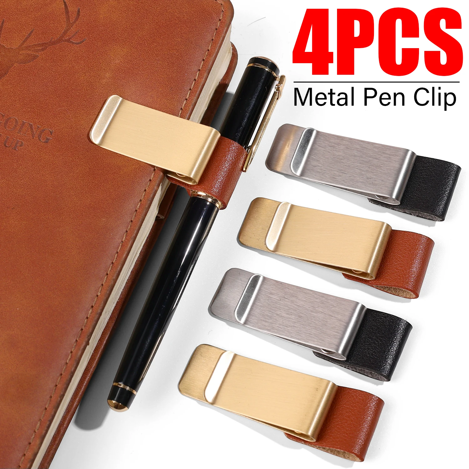 Stainless Steel Handmade Leather Metal Clips Pen Holder Journal Notebook Paper Folder Pencil Clamp Detachable Pen Storage Clip