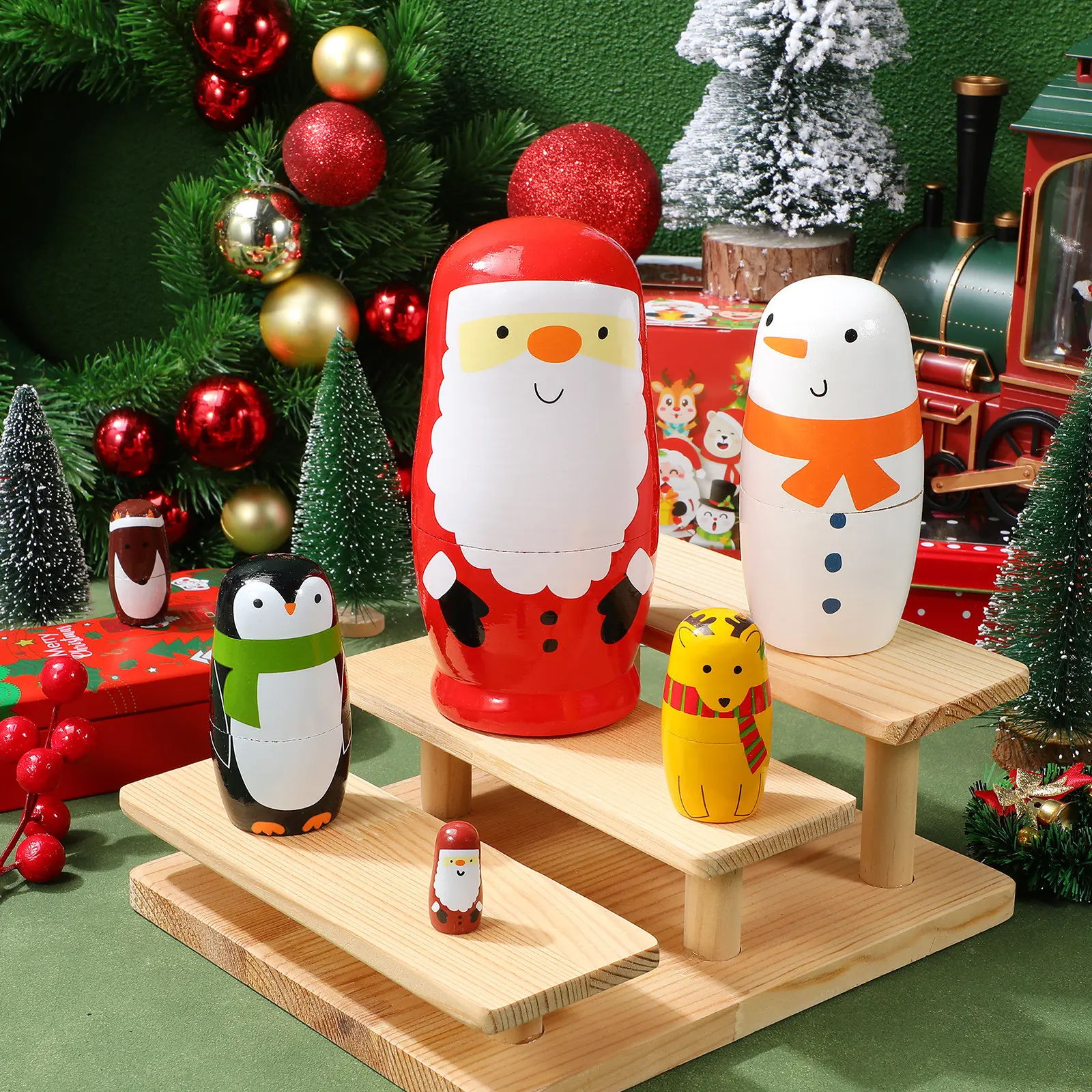 6pcs Santa Claus Russian Matryoshka Hand Painted Wooden Christmas Holiday Decor Gift, Russian Nesting , Nesting