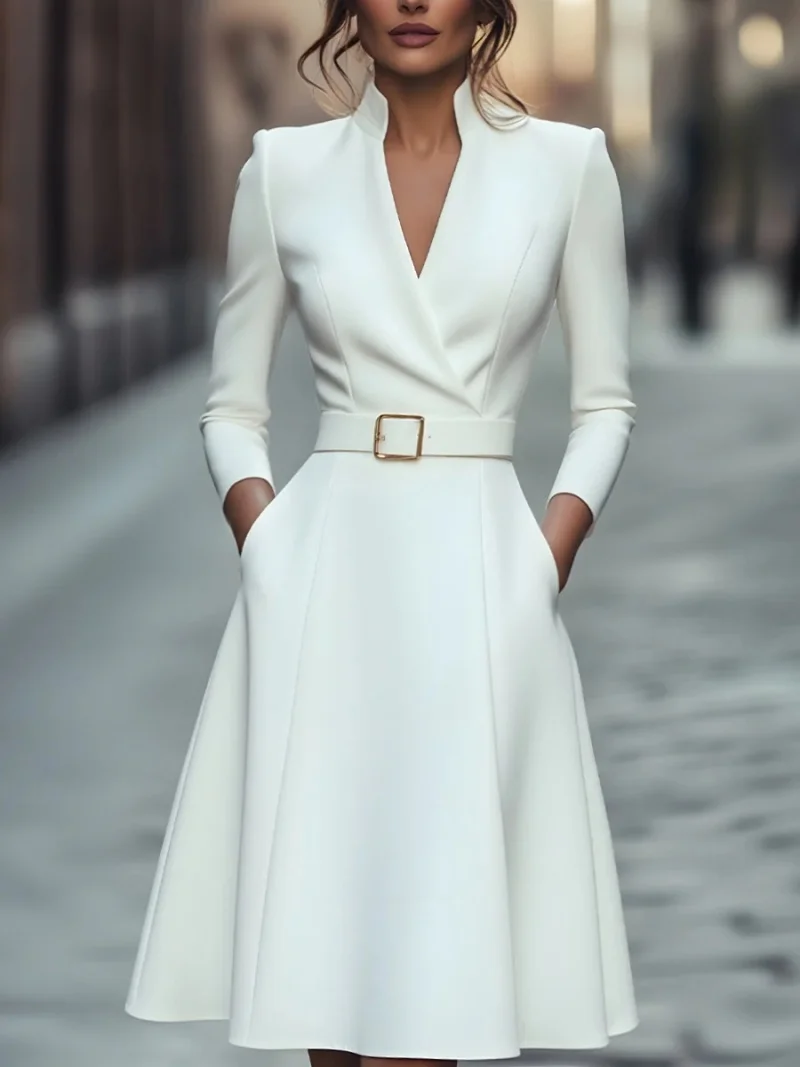 Autumn and winter temperament commuting waist slimming V-neck long-sleeved A-shaped medium-long belt skirt for women - Image 4